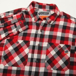 40 Grit Shirt Mens LT Red Black Plaid Flannel Button Front Duluth Trading Casual